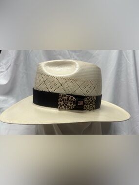 American Hat Co. Ivory Panama-Style Straw Hat with Black Band and Leopard Bow